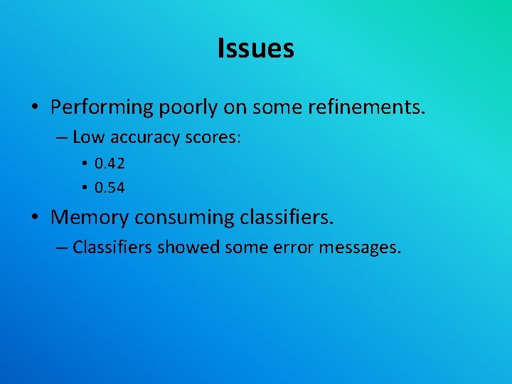 Issues • Performing poorly on some refinements. – Low accuracy scores: • 0. 42
