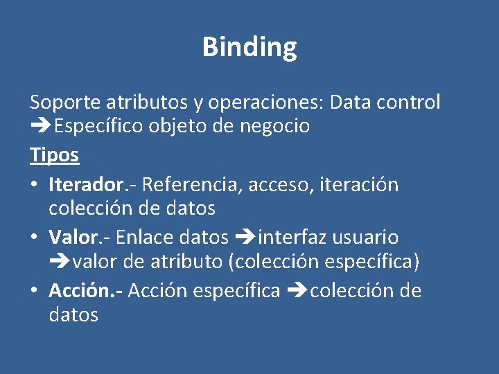 Binding Soporte atributos y operaciones: Data control Específico objeto de negocio Tipos • Iterador.