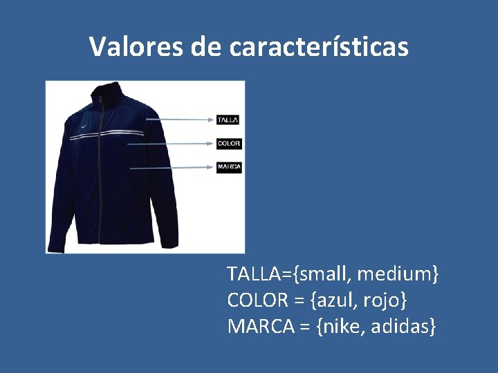 Valores de características TALLA={small, medium} COLOR = {azul, rojo} MARCA = {nike, adidas} 