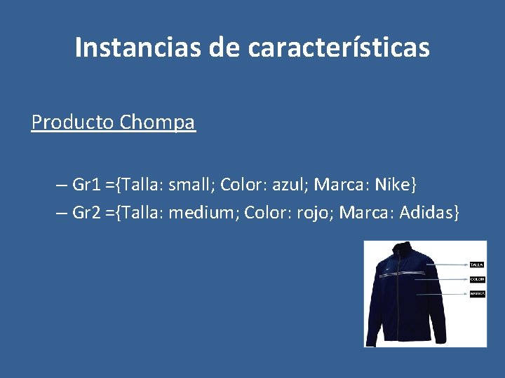 Instancias de características Producto Chompa – Gr 1 ={Talla: small; Color: azul; Marca: Nike}