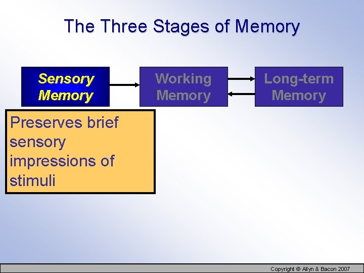 The Three Stages of Memory Sensory Memory Working Memory Long-term Memory Preserves brief sensory