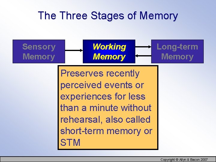 The Three Stages of Memory Sensory Memory Working Memory Long-term Memory Preserves recently perceived