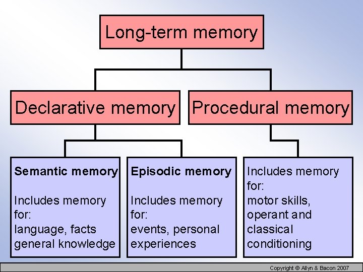 Long-term memory Declarative memory Procedural memory Semantic memory Episodic memory Includes memory for: language,