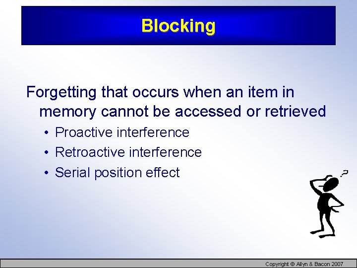 Blocking Forgetting that occurs when an item in memory cannot be accessed or retrieved