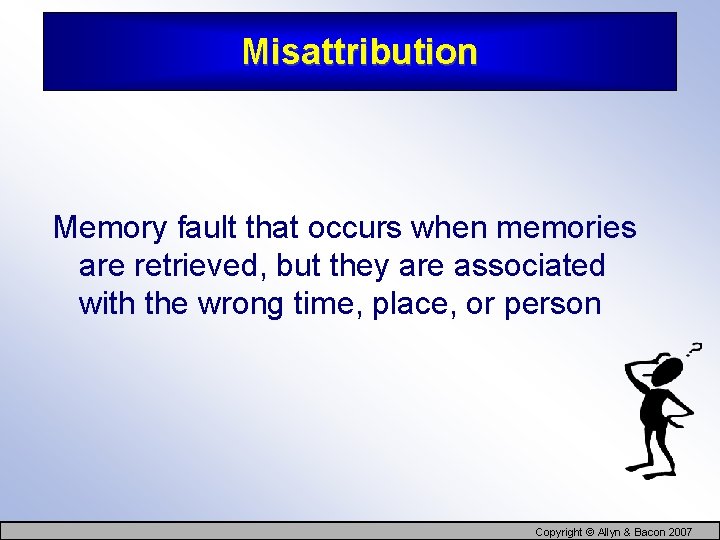 Misattribution Memory fault that occurs when memories are retrieved, but they are associated with