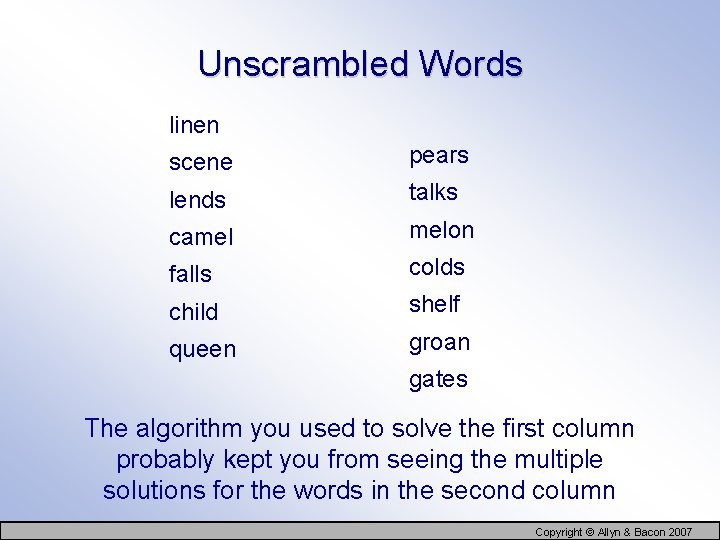 Unscrambled Words linen scene pears lends talks camel melon falls colds child shelf queen