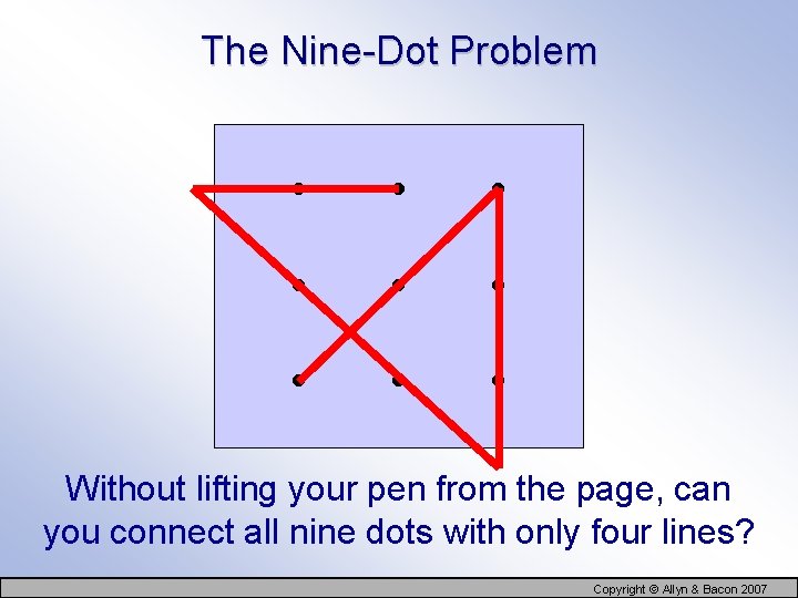 The Nine-Dot Problem . . Without lifting your pen from the page, can you