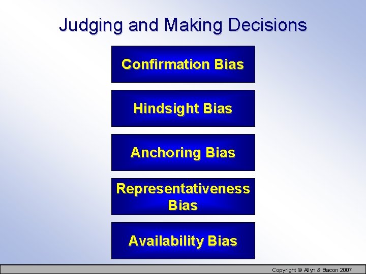 Judging and Making Decisions Confirmation Bias Hindsight Bias Anchoring Bias Representativeness Bias Availability Bias