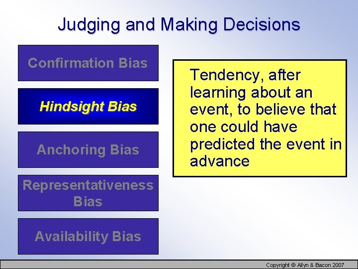 Judging and Making Decisions Confirmation Bias Hindsight Bias Anchoring Bias Tendency, after learning about