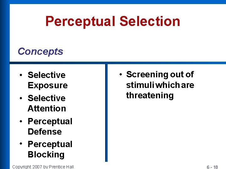 Perceptual Selection Concepts • Selective Exposure • Selective Attention • Perceptual Defense • Perceptual
