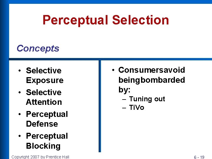 Perceptual Selection Concepts • Selective Exposure • Selective Attention • Perceptual Defense • Perceptual