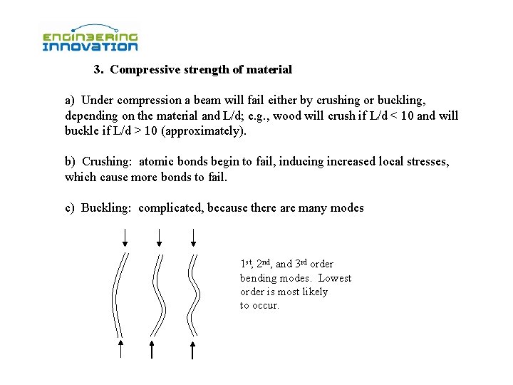 3. Compressive strength of material a) Under compression a beam will fail either by 3. Compressive strength of material a) Under compression a beam will fail either by