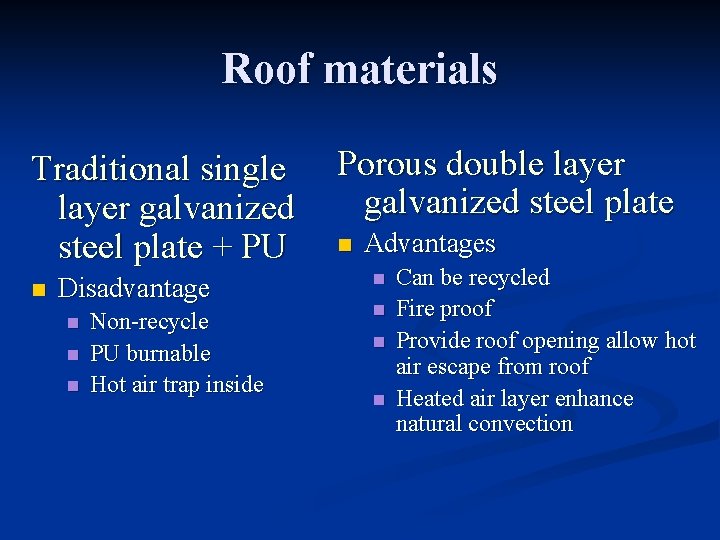 Roof materials Traditional single layer galvanized steel plate + PU n Disadvantage n n