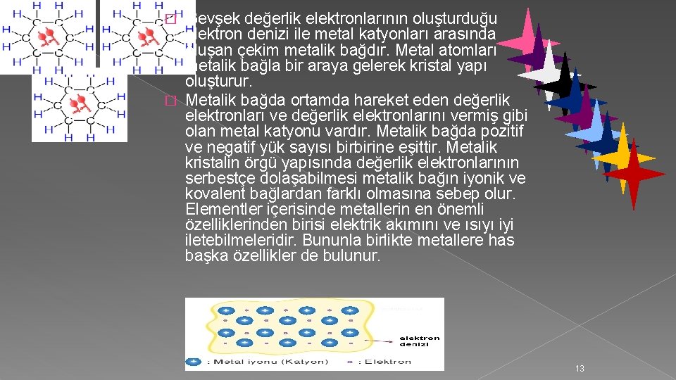 Gevşek değerlik elektronlarının oluşturduğu elektron denizi ile metal katyonları arasında oluşan çekim metalik bağdır.