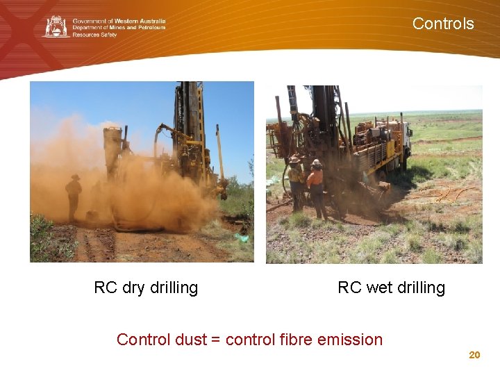 Controls RC dry drilling RC wet drilling Control dust = control fibre emission 20