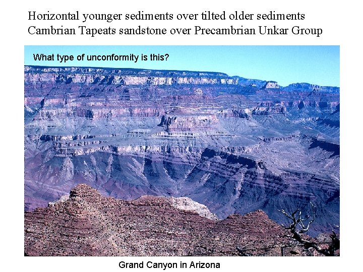 Horizontal younger sediments over tilted older sediments Cambrian Tapeats sandstone over Precambrian Unkar Group