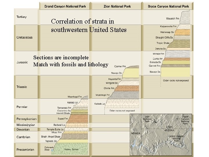 Correlation of strata in southwestern United States Sections are incomplete Match with fossils and