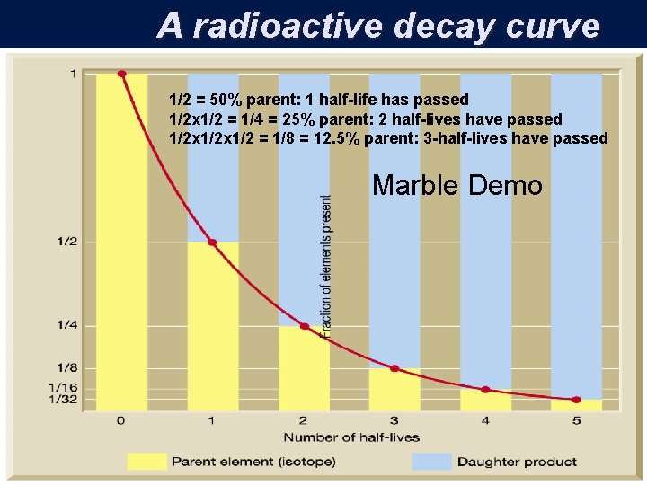 A radioactive decay curve 1/2 = 50% parent: 1 half-life has passed 1/2 x