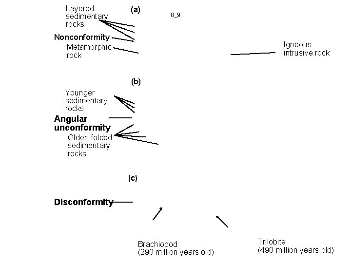 Layered sedimentary rocks (a) 8_9 Nonconformity Metamorphic rock Igneous intrusive rock (b) Younger sedimentary