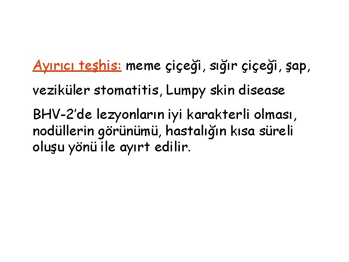 Ayırıcı teşhis: meme çiçeği, sığır çiçeği, şap, veziküler stomatitis, Lumpy skin disease BHV-2’de lezyonların