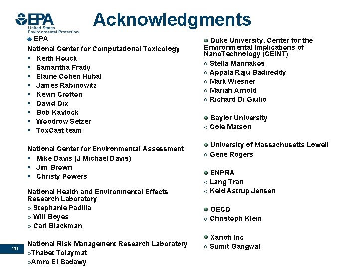 Acknowledgments EPA National Center for Computational Toxicology § Keith Houck § Samantha Frady §