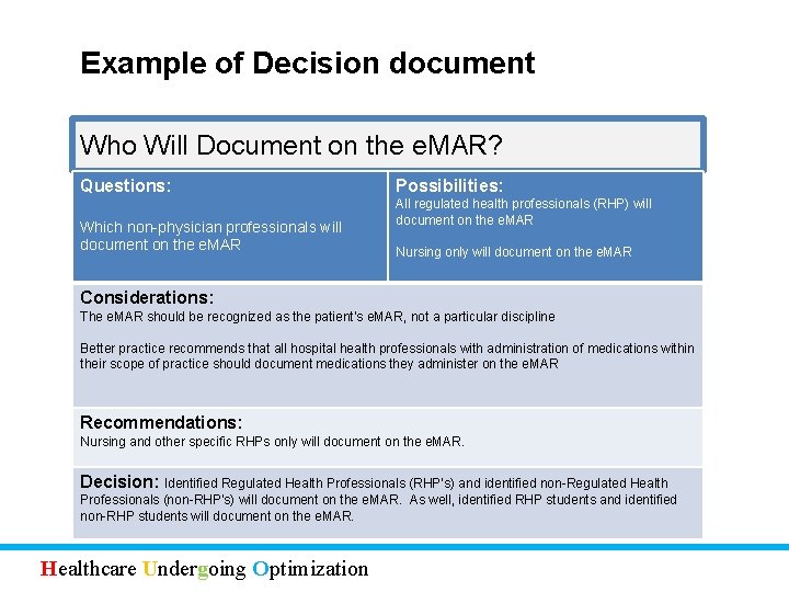 Example of Decision document Who Will Document on the e. MAR? Questions: Which non-physician