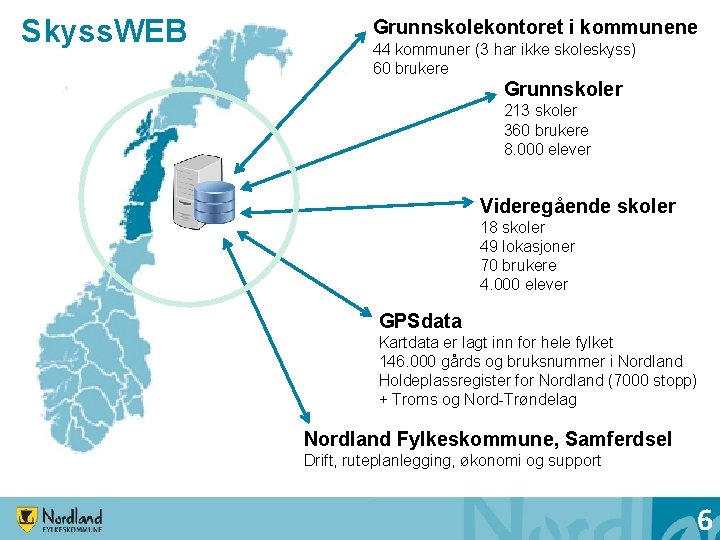 Skyss. WEB Grunnskolekontoret i kommunene 44 kommuner (3 har ikke skoleskyss) 60 brukere Grunnskoler