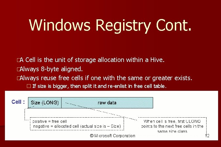 Windows Registry Cont. �A Cell is the unit of storage allocation within a Hive. Windows Registry Cont. �A Cell is the unit of storage allocation within a Hive.