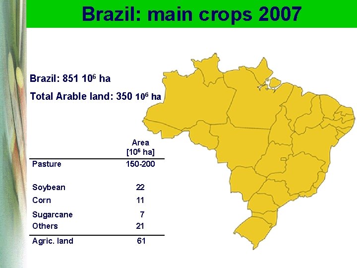 Brazil: main crops 2007 Brazil: 851 106 ha Total Arable land: 350 106 ha Brazil: main crops 2007 Brazil: 851 106 ha Total Arable land: 350 106 ha