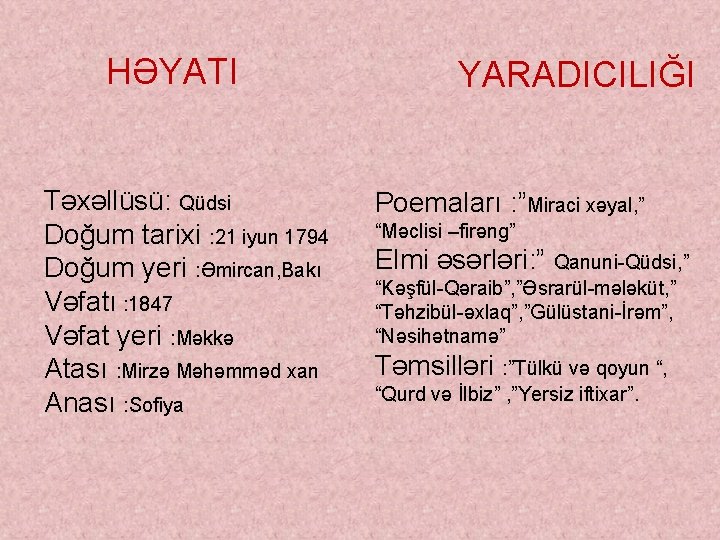 HƏYATI Təxəllüsü: Qüdsi Doğum tarixi : 21 iyun 1794 Doğum yeri : Əmircan, Bakı