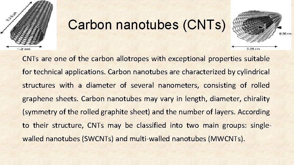 Carbon nanotubes (CNTs) CNTs are one of the carbon allotropes with exceptional properties suitable