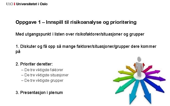 Oppgave 1 – Innspill til risikoanalyse og prioritering Med utgangspunkt i listen over risikofaktorer/situasjoner