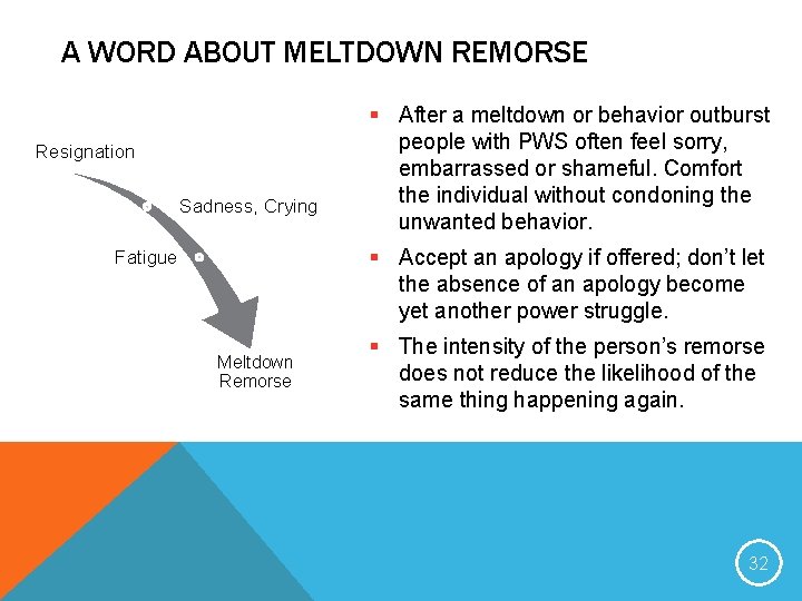 A WORD ABOUT MELTDOWN REMORSE Resignation Sadness, Crying § After a meltdown or behavior