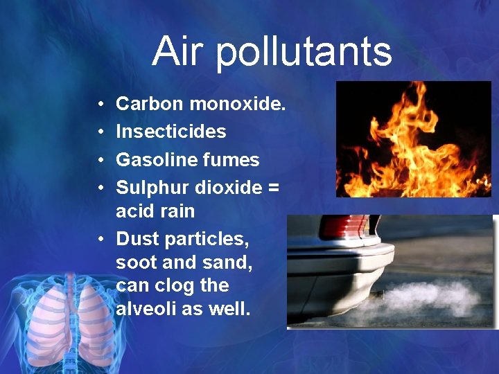 Air pollutants • • Carbon monoxide. Insecticides Gasoline fumes Sulphur dioxide = acid rain