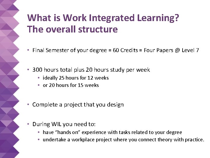 What is Work Integrated Learning? The overall structure • Final Semester of your degree