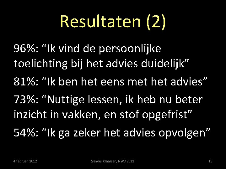 Resultaten (2) 96%: “Ik vind de persoonlijke toelichting bij het advies duidelijk” 81%: “Ik