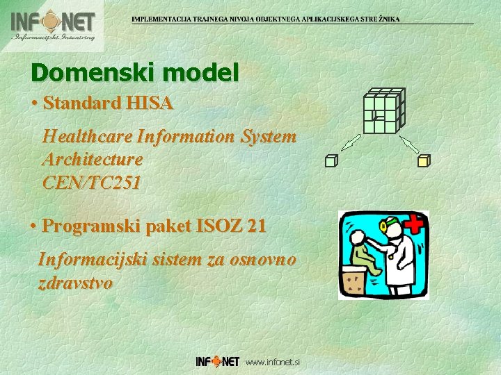 Domenski model • Standard HISA Healthcare Information System Architecture CEN/TC 251 • Programski paket