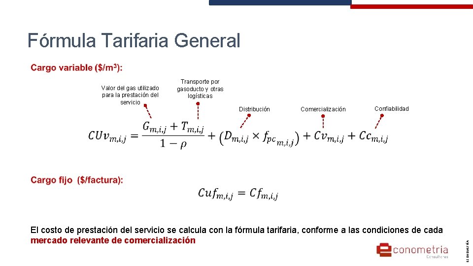 Fórmula Tarifaria General Transporte por gasoducto y otras logísticas Distribución Comercialización Confiabilidad El costo