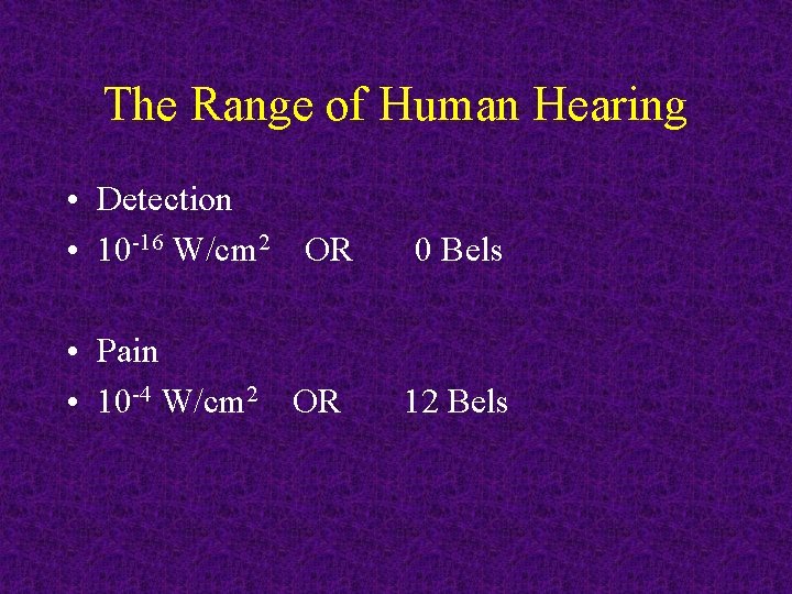 The Range of Human Hearing • Detection • 10 -16 W/cm 2 OR 0