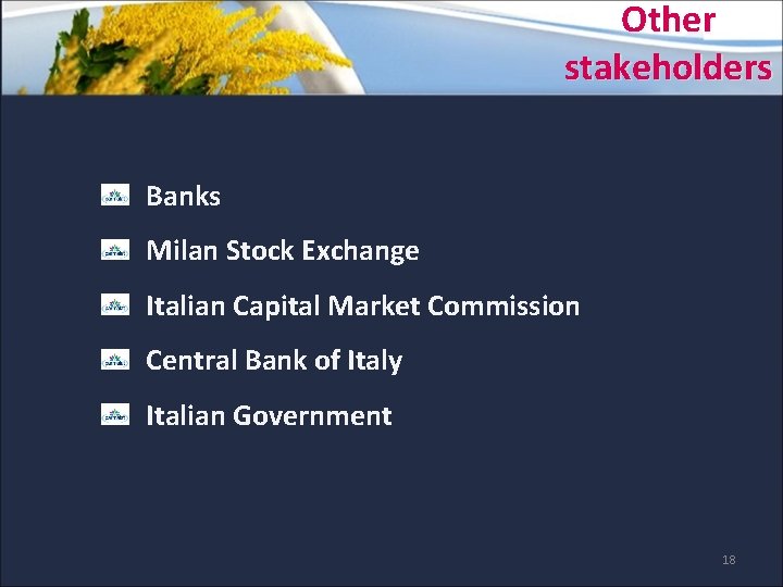 Other stakeholders Banks Milan Stock Exchange Italian Capital Market Commission Central Bank of Italy Other stakeholders Banks Milan Stock Exchange Italian Capital Market Commission Central Bank of Italy