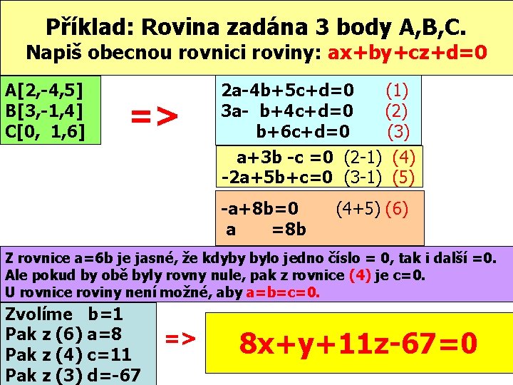 Příklad: Rovina zadána 3 body A, B, C. Napiš obecnou rovnici roviny: ax+by+cz+d=0 A[2,