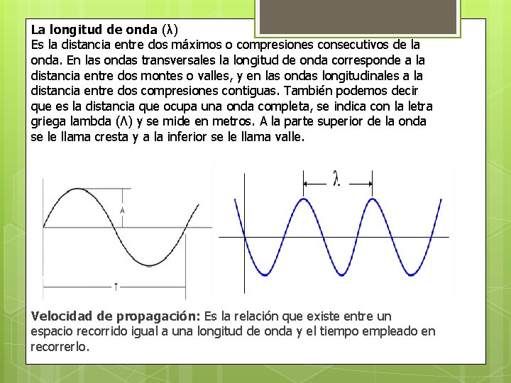 La longitud de onda (λ) Es la distancia entre dos máximos o compresiones consecutivos