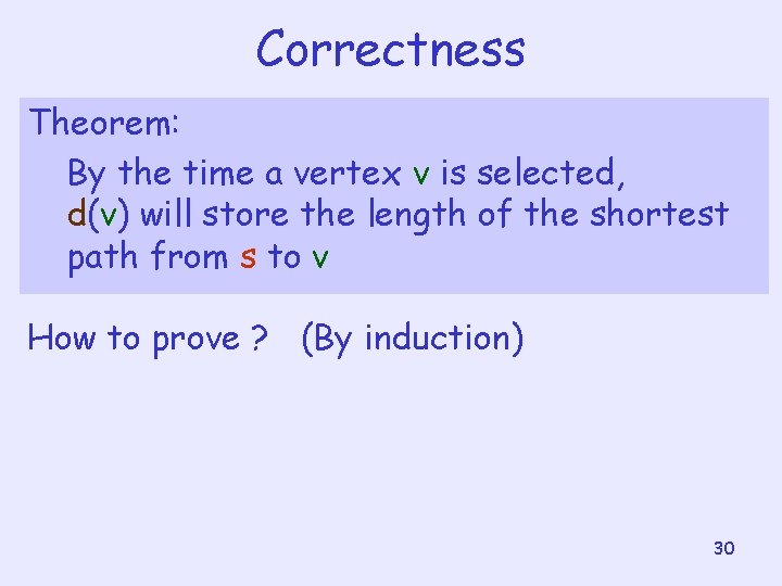 Correctness Theorem: By the time a vertex v is selected, d(v) will store the