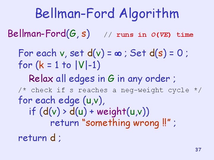 Bellman-Ford Algorithm Bellman-Ford(G, s) // runs in O(VE) time For each v, set d(v)
