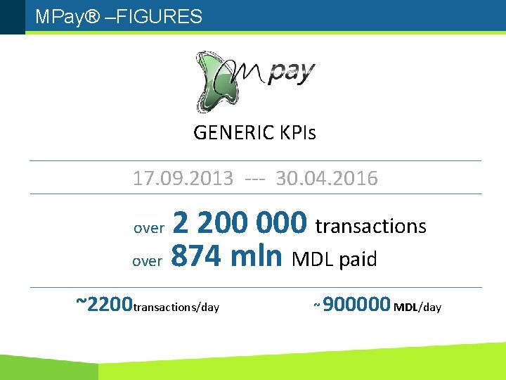 MPay® –FIGURES GENERIC KPIs 17. 09. 2013 --- 30. 04. 2016 2 200 000