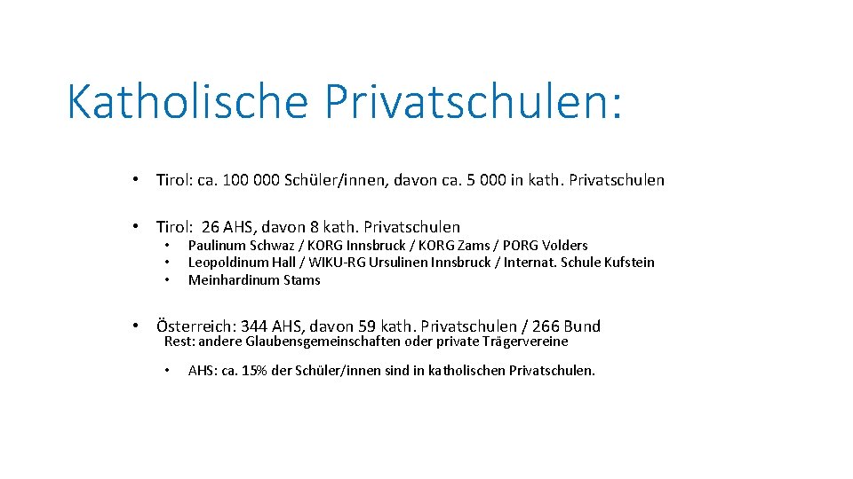 Katholische Privatschulen: • Tirol: ca. 100 000 Schüler/innen, davon ca. 5 000 in kath.