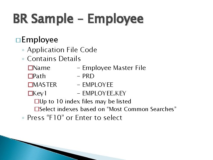 BR Sample – Employee � Employee ◦ Application File Code ◦ Contains Details �Name