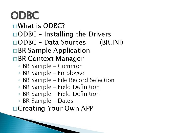 ODBC � What is ODBC? � ODBC – Installing the Drivers � ODBC –