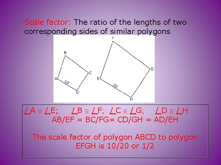 Scale factor: The ratio of the lengths of two corresponding sides of similar polygons