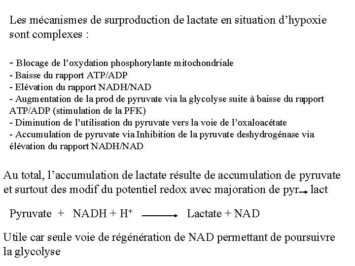 Les mécanismes de surproduction de lactate en situation d’hypoxie sont complexes : - Blocage